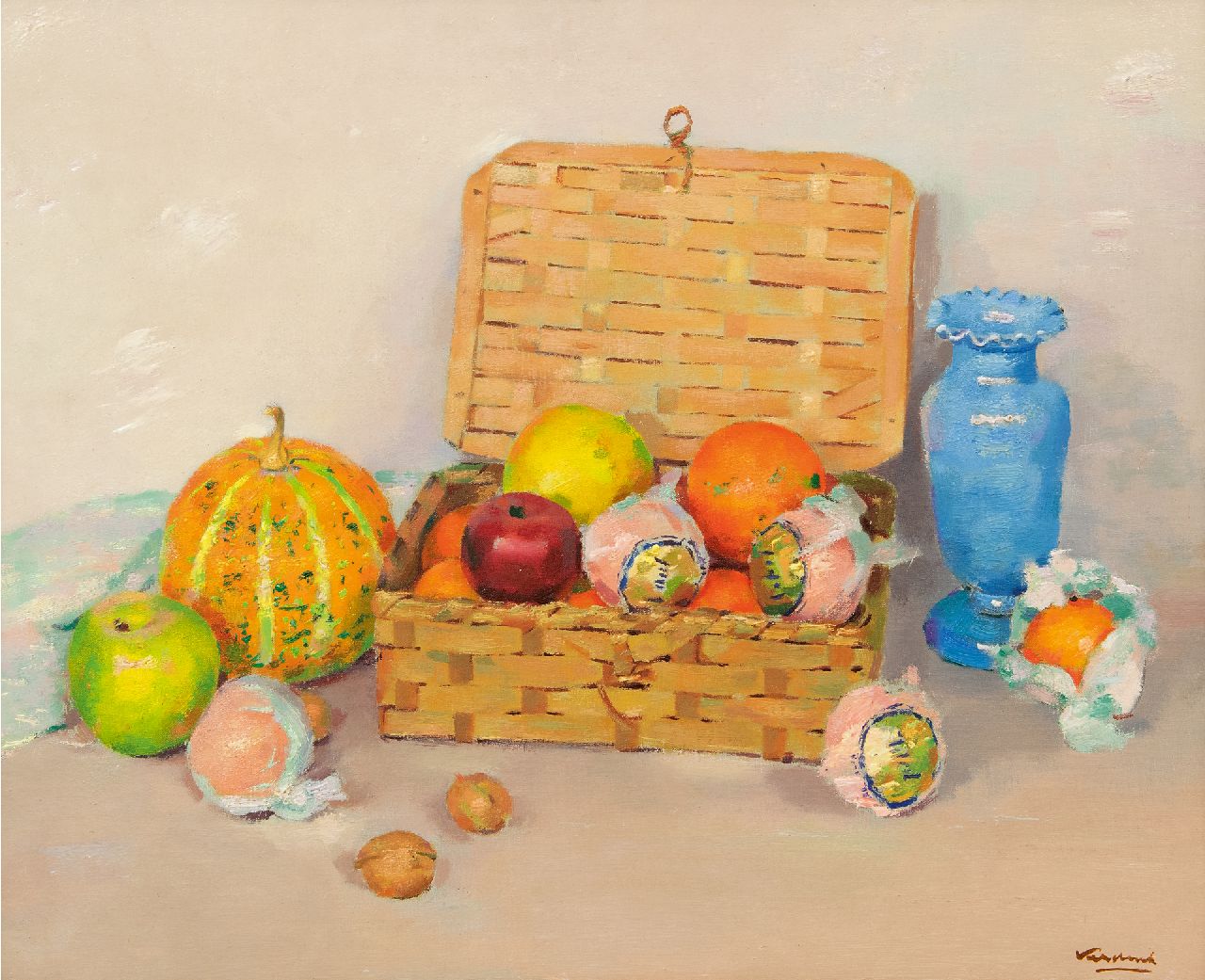 Verdonk F.W.  | Frederik Willem 'Frits' Verdonk | Paintings offered for sale | Still life with a fruit basket, oil on canvas laid down on board 46.0 x 56.0 cm, signed l.r.