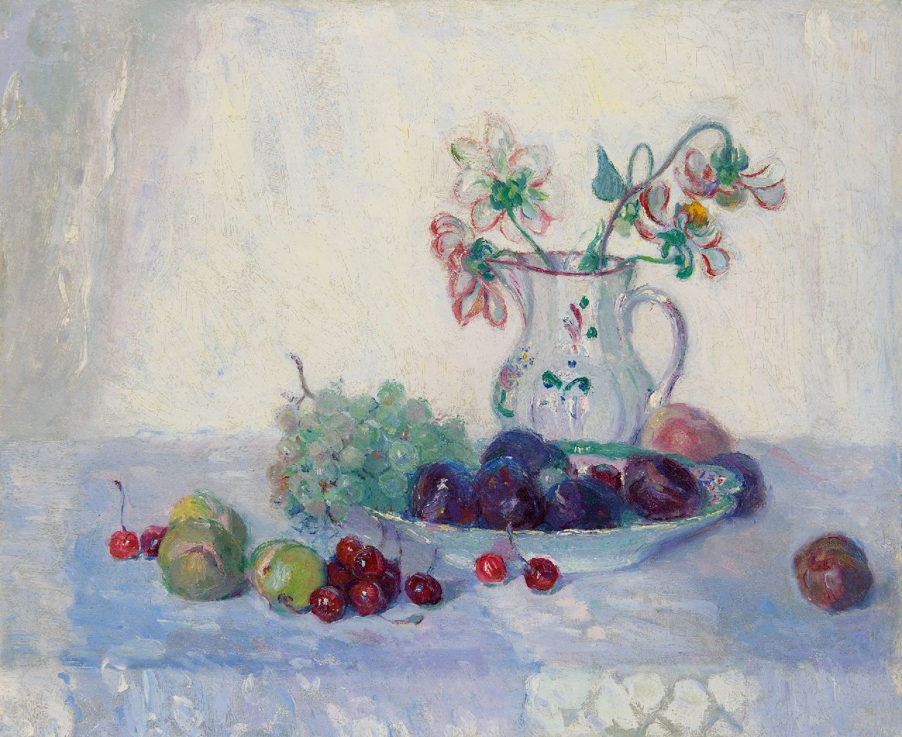 Niekerk M.J.  | 'Maurits' Joseph Niekerk, A still life with fruit and a jug with flowers, oil on canvas 46.1 x 55.4 cm, signed l.l. on canvas cover