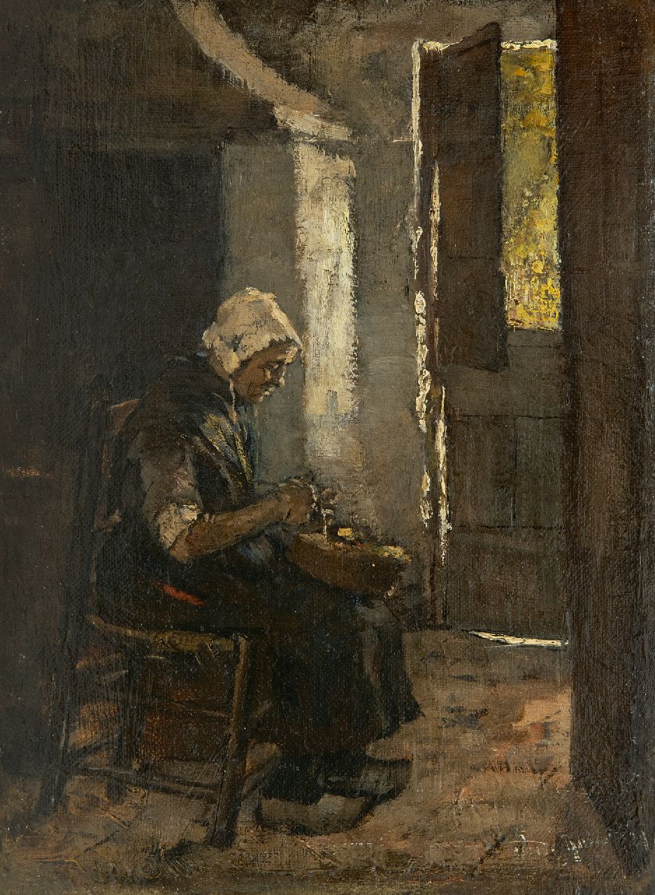 Robertson S.  | Susanne 'Suze' Robertson, Farmers wife peeling potatoes, oil on canvas laid down on panel 27.5 x 20.7 cm, signed l.r.