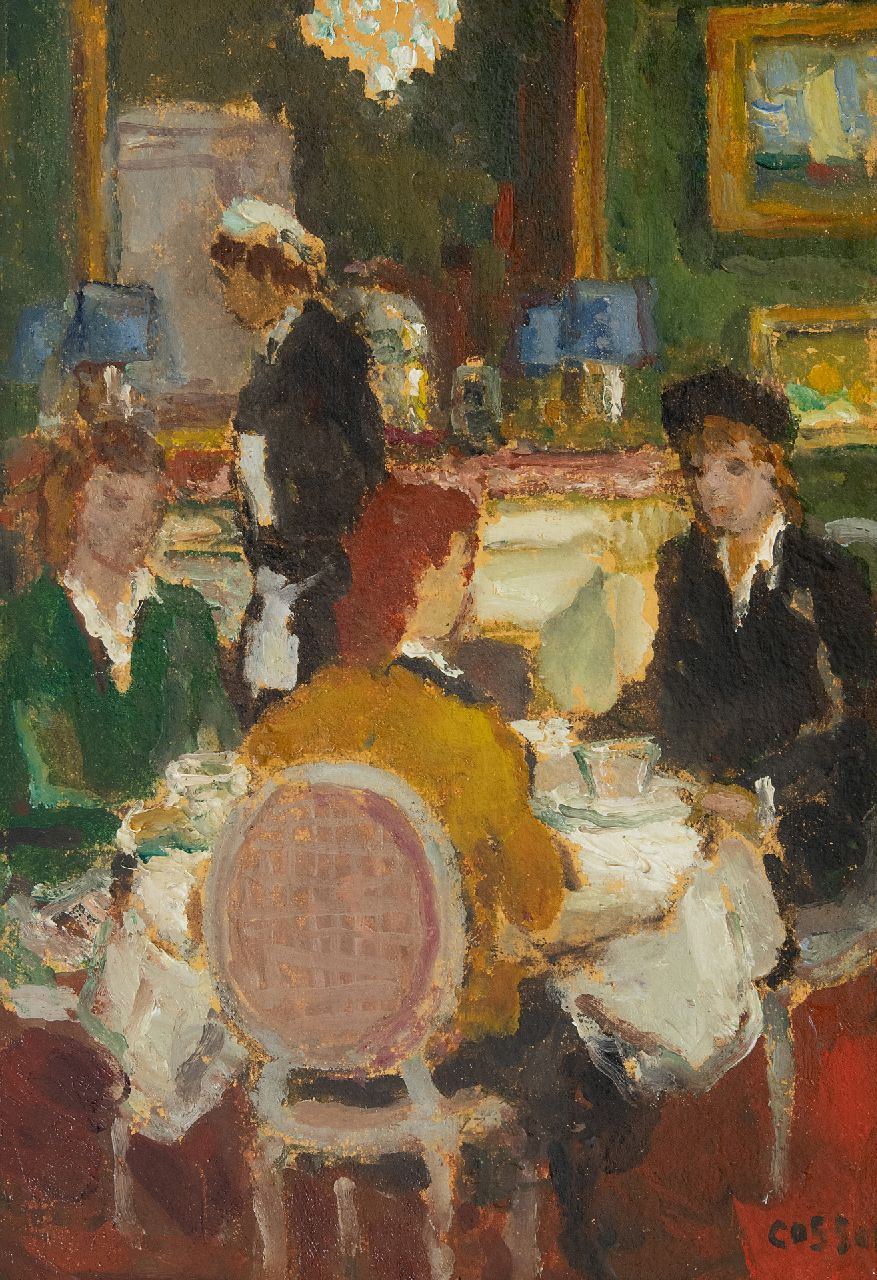 Cosson J.L.M.  | Jean Louis 'Marcel' Cosson | Paintings offered for sale | In the restaurant, oil on painter's board 34.8 x 24.1 cm, signed l.r.
