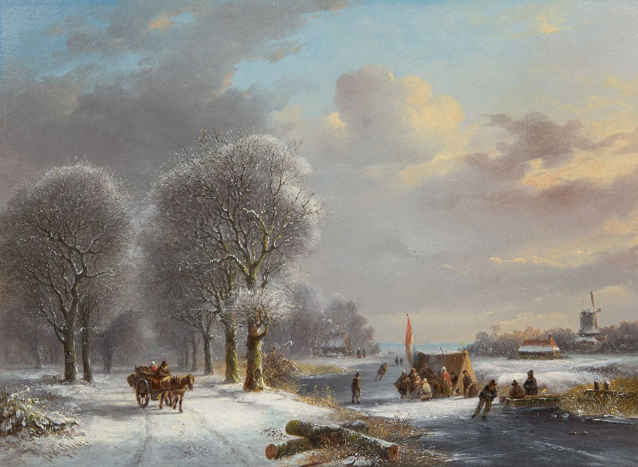 Stok J. van der | Jacobus van der Stok, Winter landscape with figures by a 'koek-and-zopie', oil on panel 41.0 x 55.5 cm, signed l.l. and dated '52