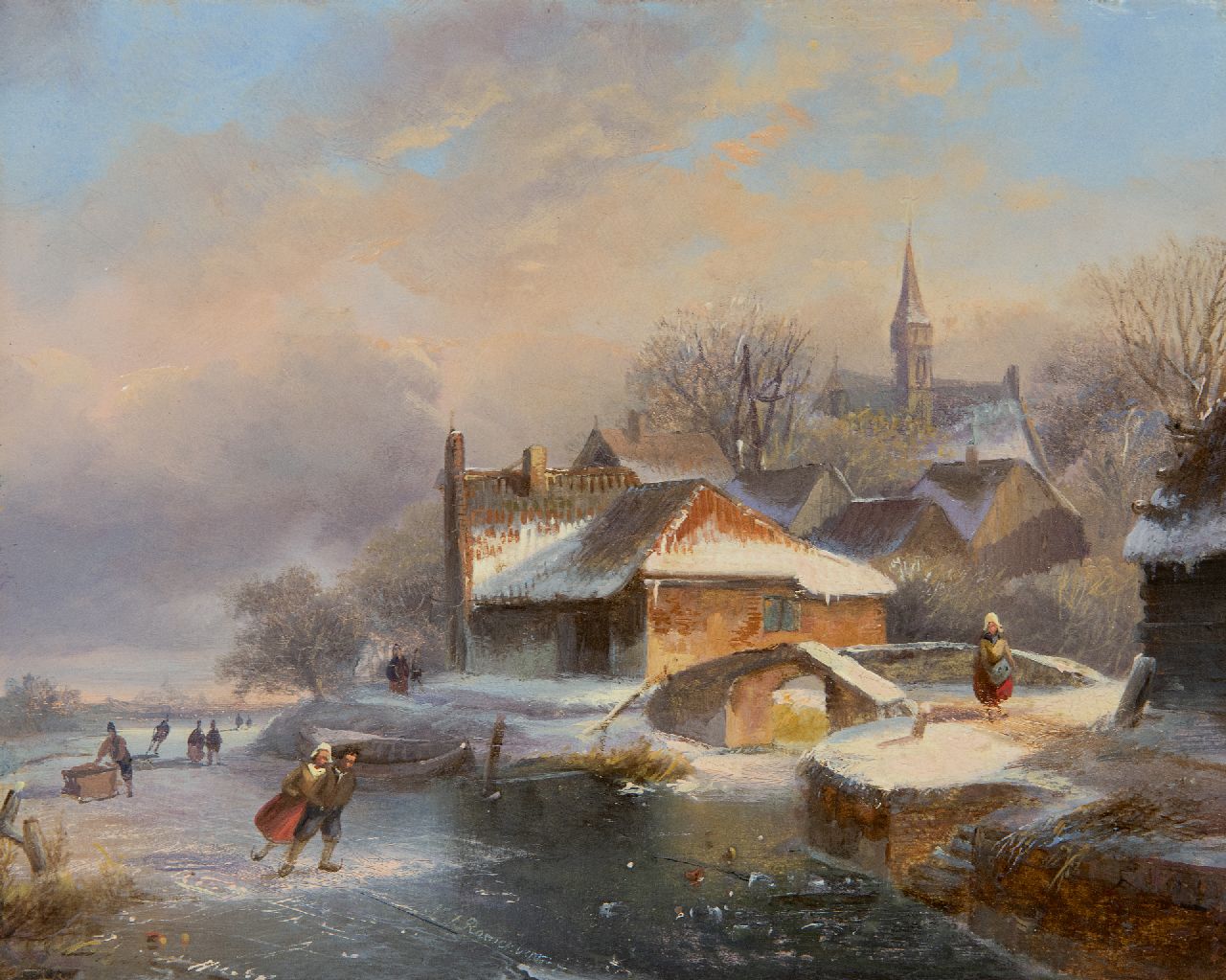 Roosenboom N.J.  | Nicolaas Johannes Roosenboom, Skaters at a snowy village, oil on panel 18.5 x 23.0 cm, signed l.c.