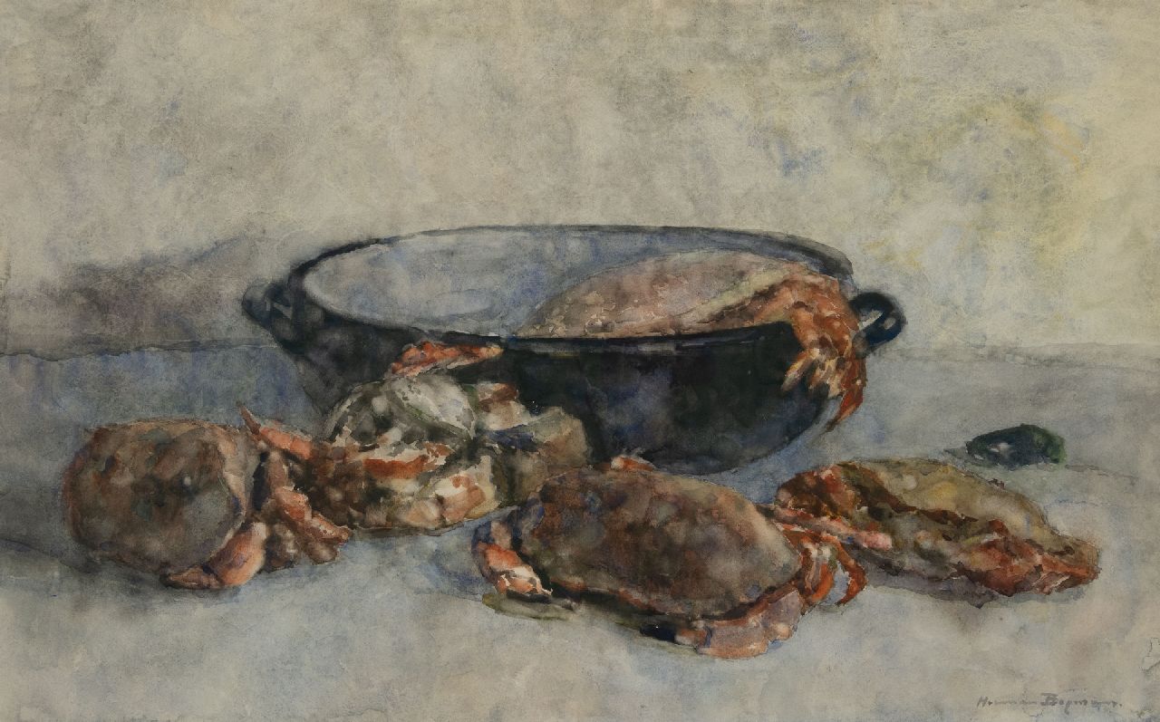 Bogman jr. H.A.C.  | Hermanus Adrianus Charles 'Herman' Bogman jr. | Watercolours and drawings offered for sale | Still life with crabs, watercolour on paper 47.2 x 75.2 cm, signed l.r.