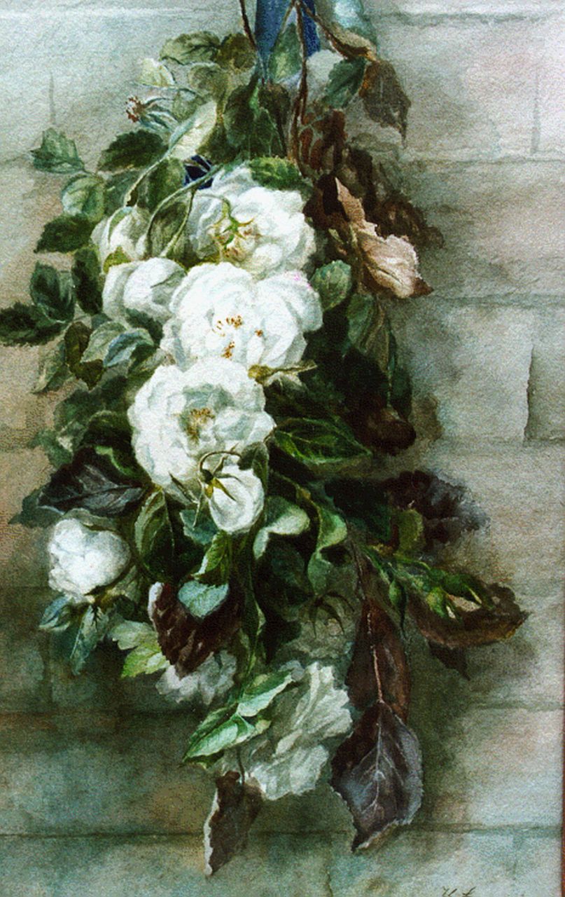 Landré-van der Kellen H.W.  | Hendrika Wilhelmina Landré-van der Kellen, A swag of roses, watercolour on paper 52.0 x 33.0 cm, signed l.r.