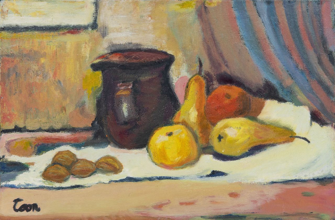 Hermans A.G.T.  | Antoine Gerard Theodore 'Toon' Hermans, Still life with jug and pears, oil on canvas 40.2 x 60.0 cm, signed l.l.