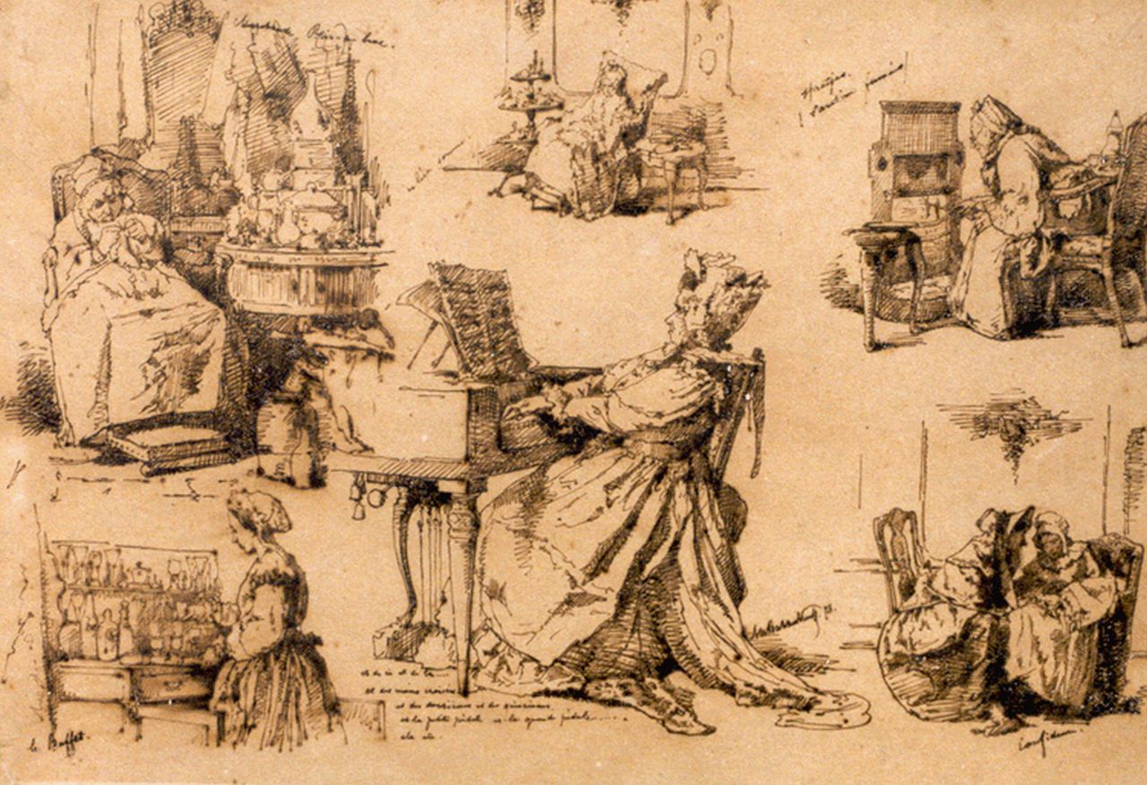 Bakker Korff A.H.  | Alexander Hugo Bakker Korff, Daily activities, pen on paper 30.0 x 44.0 cm, signed c.r. and dated 1873