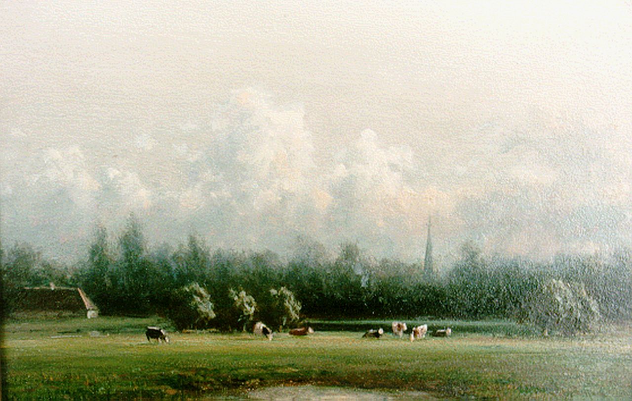 Destrée J.J.  | Johannes Josephus Destrée, A polder landscape with cattle grazing, oil on panel 14.5 x 22.0 cm, signed l.r.