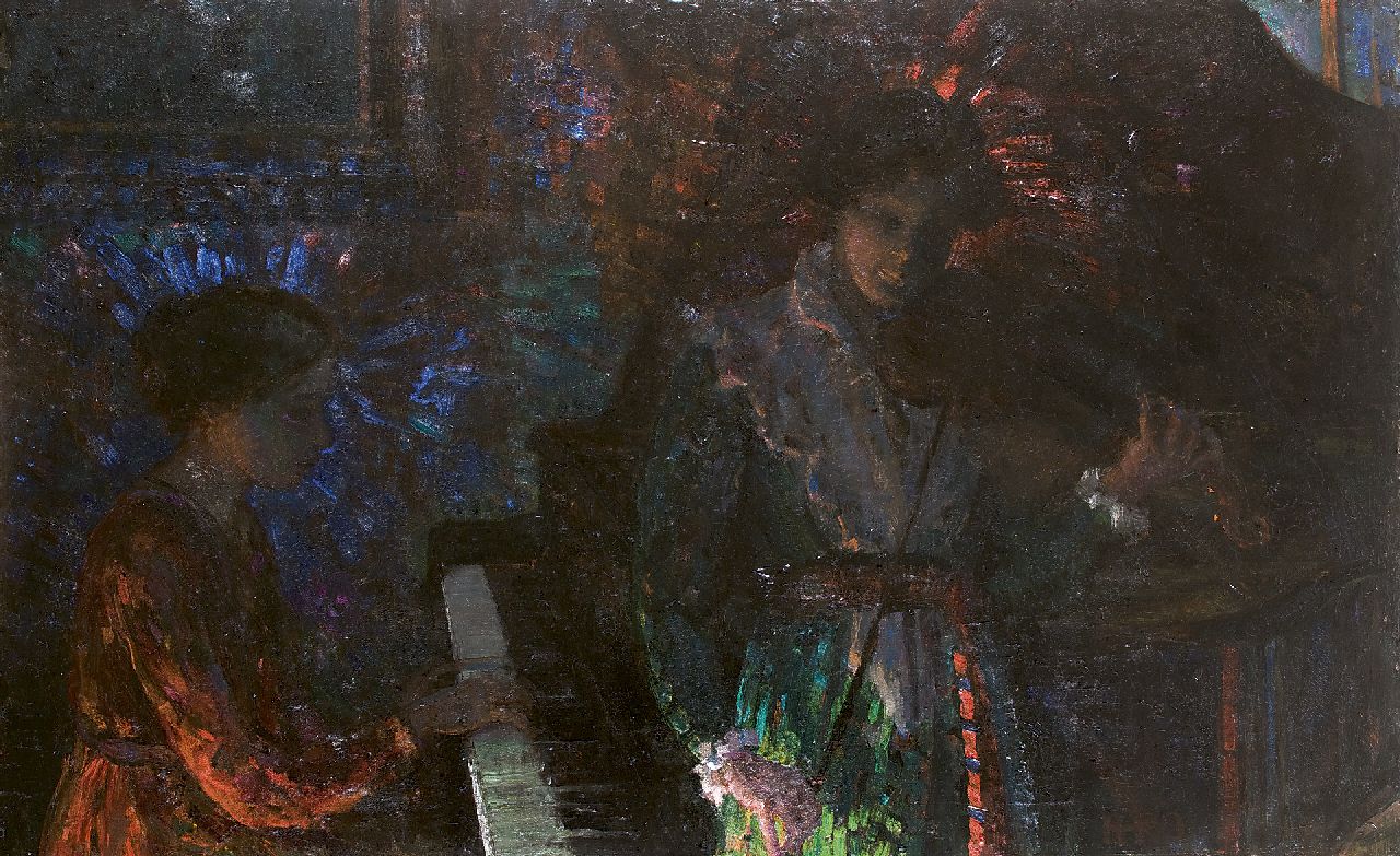 Kamerlingh Onnes H.H.  | 'Harm' Henrick Kamerlingh Onnes, The artist's sisters making music, oil on canvas 100.3 x 160.4 cm, signed l.r. and executed ca. 1916-1918