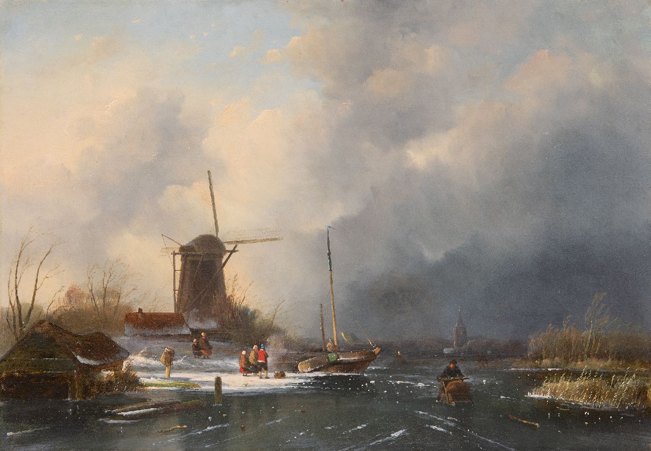 Hoen C.P. 't | Cornelis Petrus 't Hoen, Skaters and figures on the ice, a snowstorm approaching, oil on panel 41.3 x 58.8 cm, signed l.l. on the boathouse and dated 1854