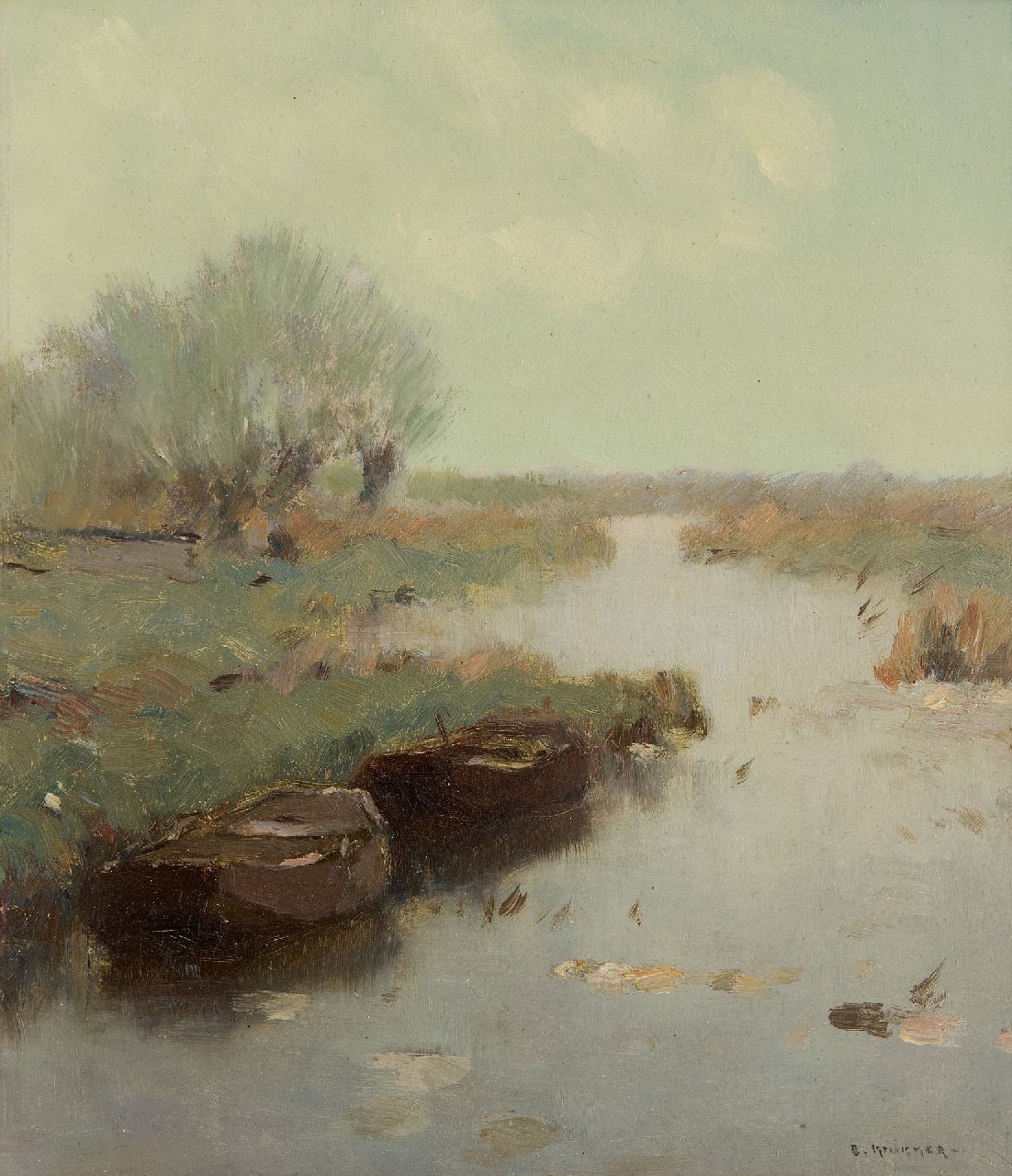 Knikker A.  | Aris Knikker, Moored rowing boats in a canal, oil on painter's board 25.4 x 21.4 cm, signed l.r.