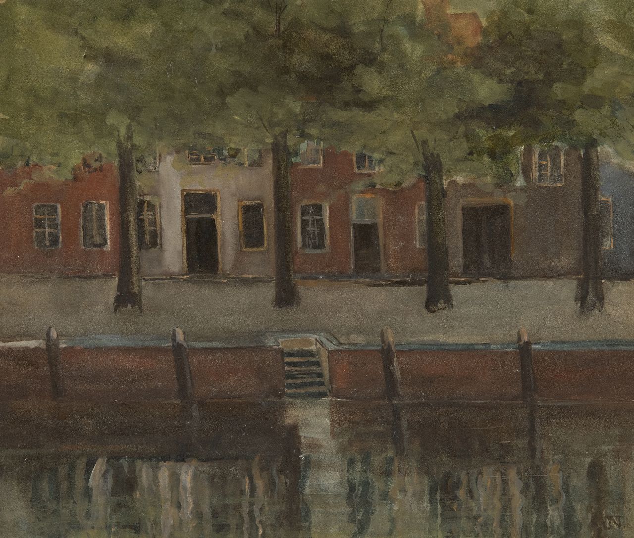 Nieweg J.  | Jakob Nieweg | Watercolours and drawings offered for sale | A quay with the reflection of houses in the water, watercolour on paper 27.0 x 32.0 cm, signed l.r. with monogram