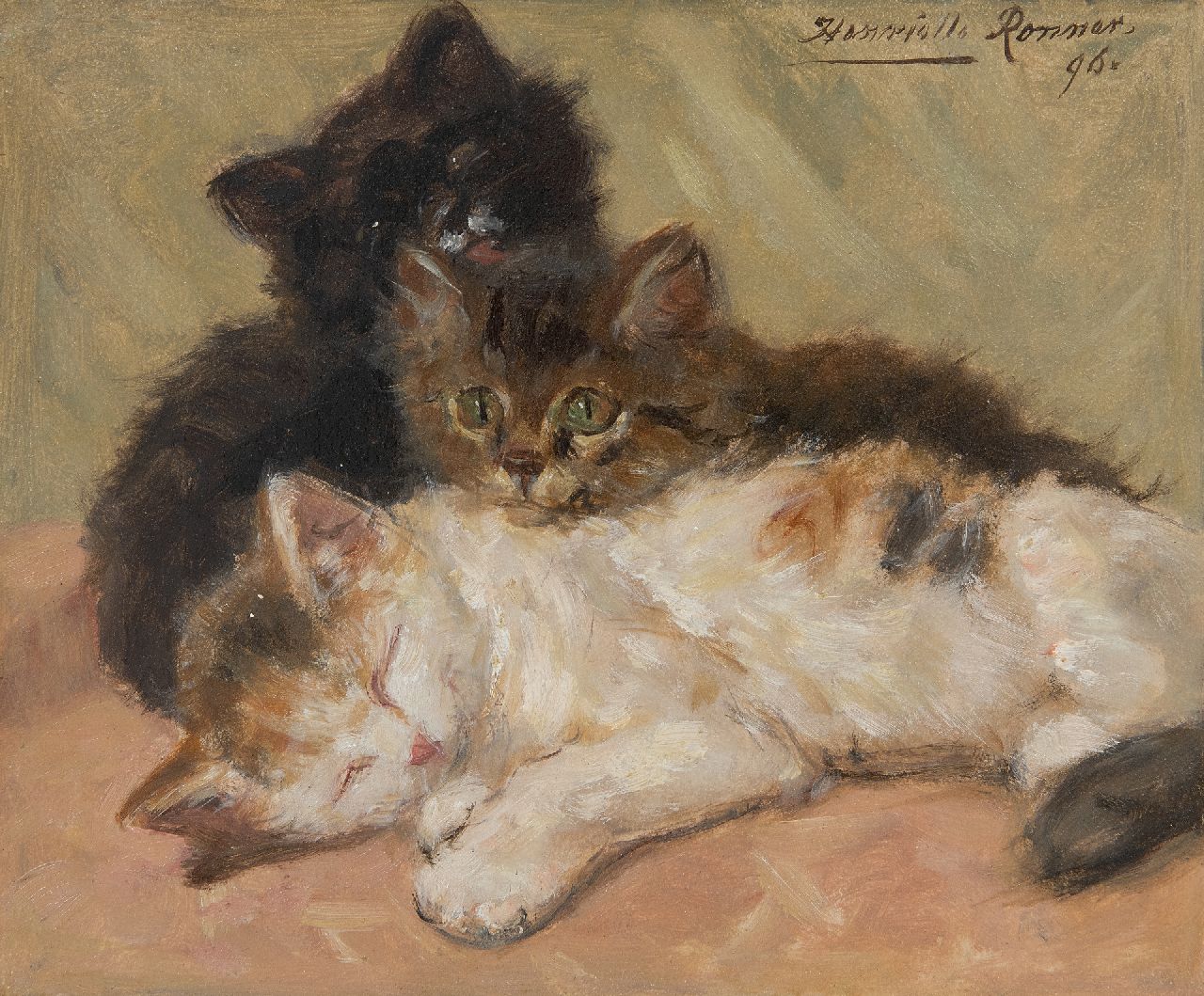 Ronner-Knip H.  | Henriette Ronner-Knip, Three kittens, oil on paper laid down on panel 19.0 x 22.5 cm, signed u.r. and dated '96