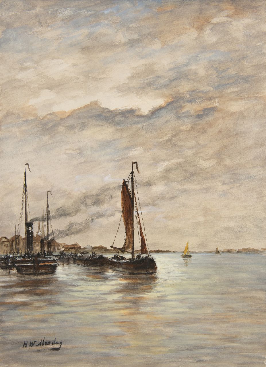 Mesdag H.W.  | Hendrik Willem Mesdag | Watercolours and drawings offered for sale | Fishing vessels in a harbour, watercolour on paper 43.2 x 31.8 cm, signed l.l.