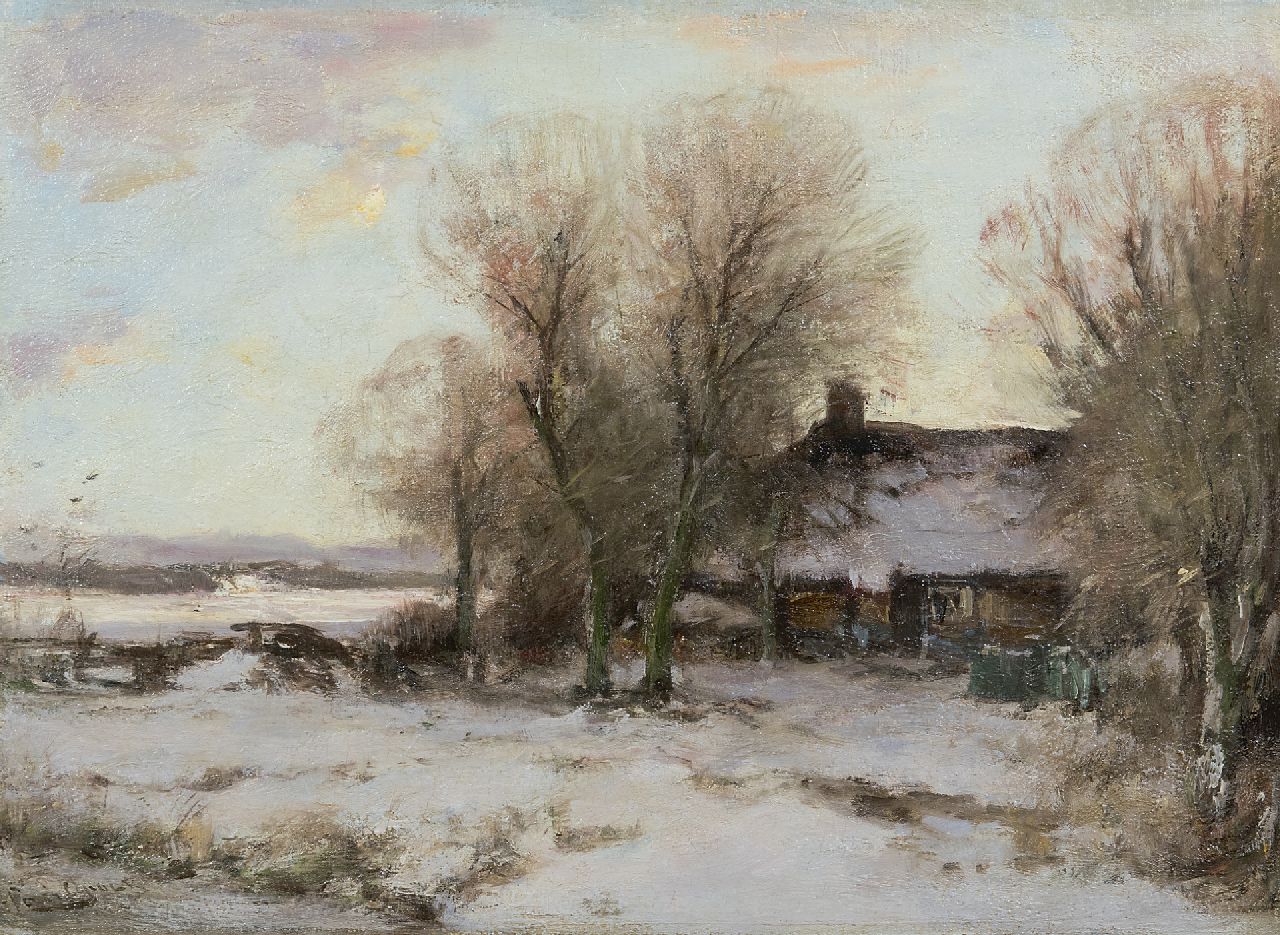Apol L.F.H.  | Lodewijk Franciscus Hendrik 'Louis' Apol | Paintings offered for sale | Farmhouse in a snowy landscape, oil on canvas 34.3 x 46.2 cm, signed l.l.