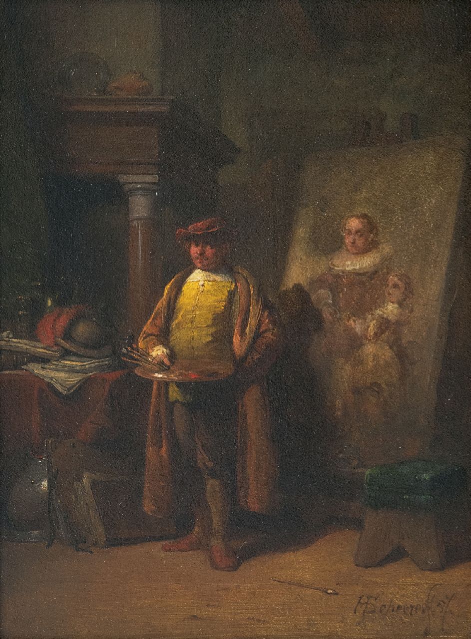 Scheeres H.J.  | Hendricus Johannes Scheeres | Paintings offered for sale | Rembrandt in his studio, oil on panel 20.5 x 15.0 cm, signed l.r. and dated '57