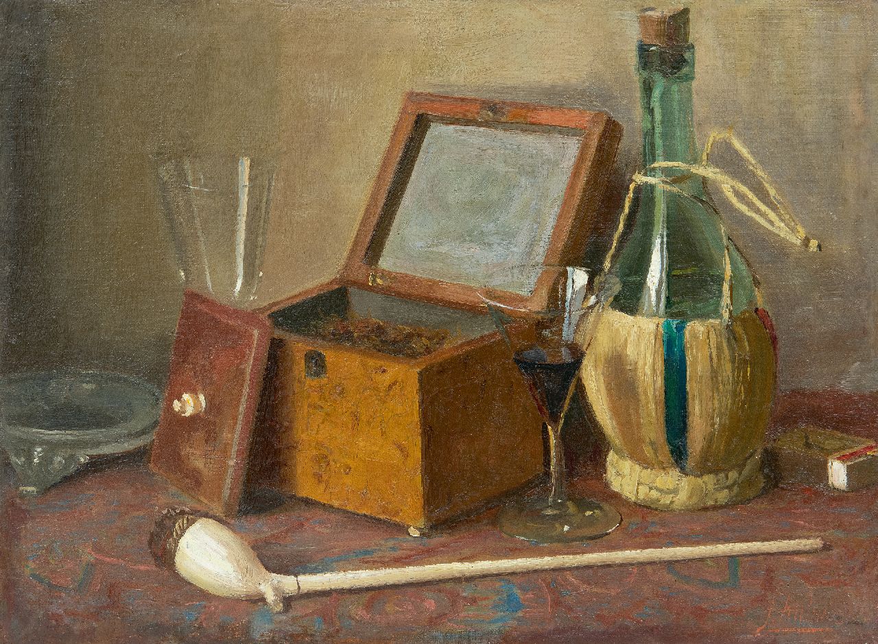 Altink J.  | Jan Altink | Paintings offered for sale | Still life with tobacco box, pipe and wine bottle of Altink, oil on canvas 30.3 x 40.3 cm, signed l.r.