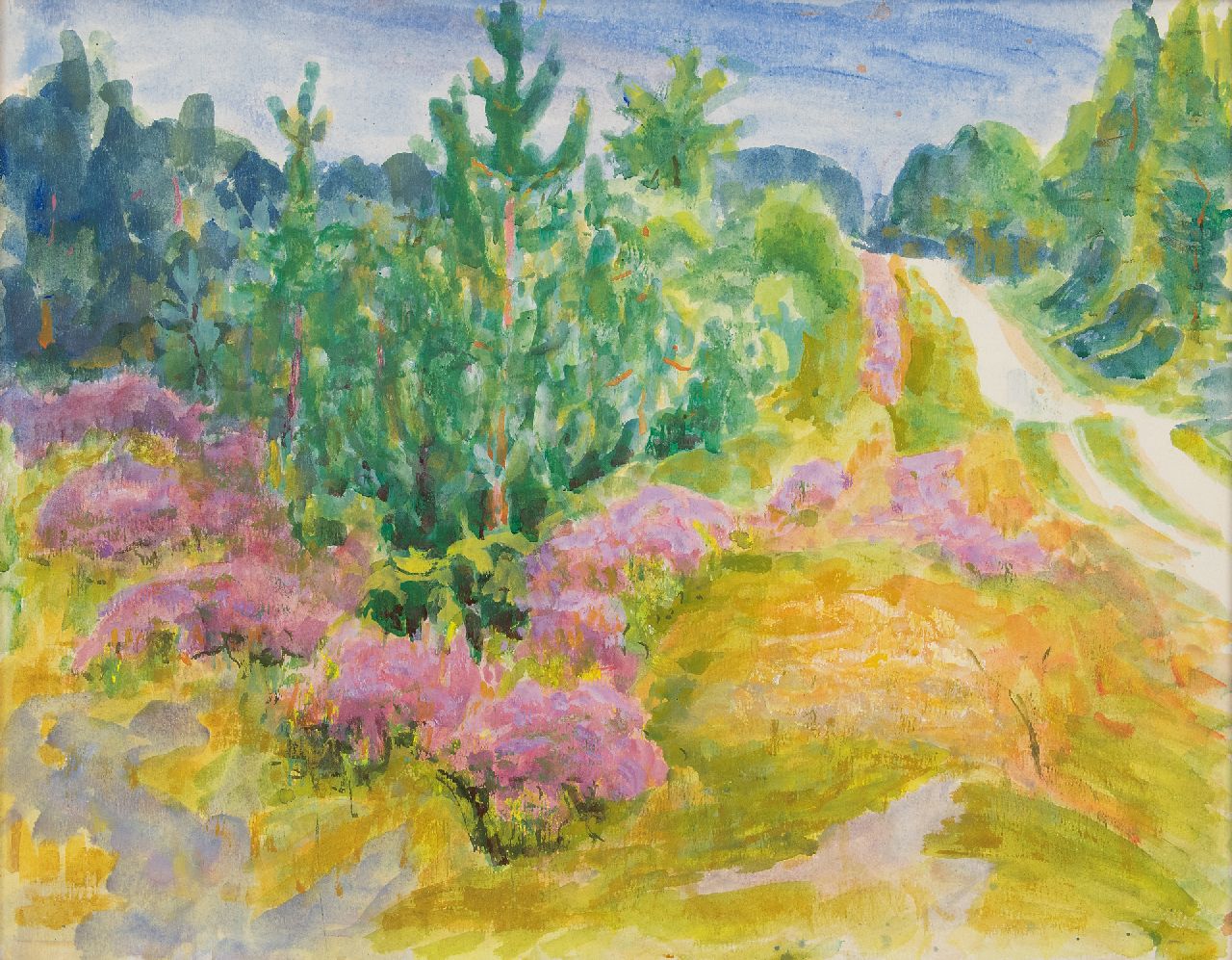 Altink J.  | Jan Altink, Country road through pine forest and flowering heather, watercolour on paper 54.9 x 69.8 cm