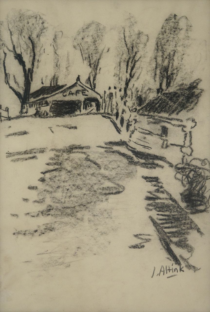 Altink J.  | Jan Altink, Café near the bridge in Steentil, charcoal on paper 48.5 x 33.5 cm, signed l.r. and executed ca. '56