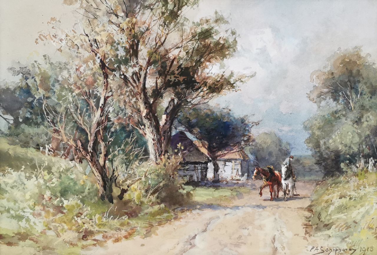 Schipperus P.A.  | Pieter Adrianus 'Piet' Schipperus, A farmer and horses on a country road, watercolour on paper 24.5 x 35.0 cm, signed l.r. and dated 1918