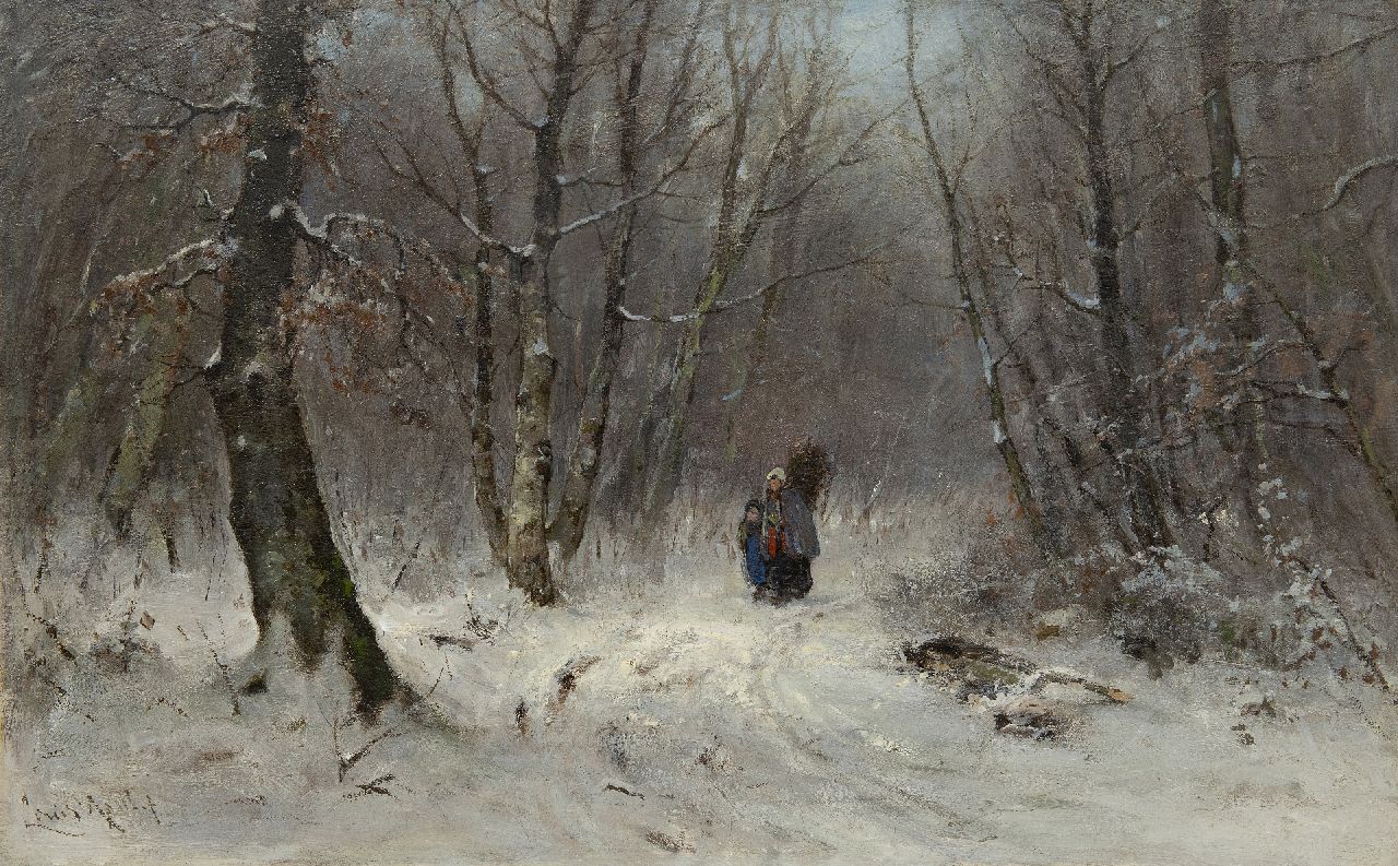 Apol L.F.H.  | Lodewijk Franciscus Hendrik 'Louis' Apol, Gathering wood in a snowy forest, oil on canvas 45.8 x 70.7 cm, signed l.l. and painted 1873-1875