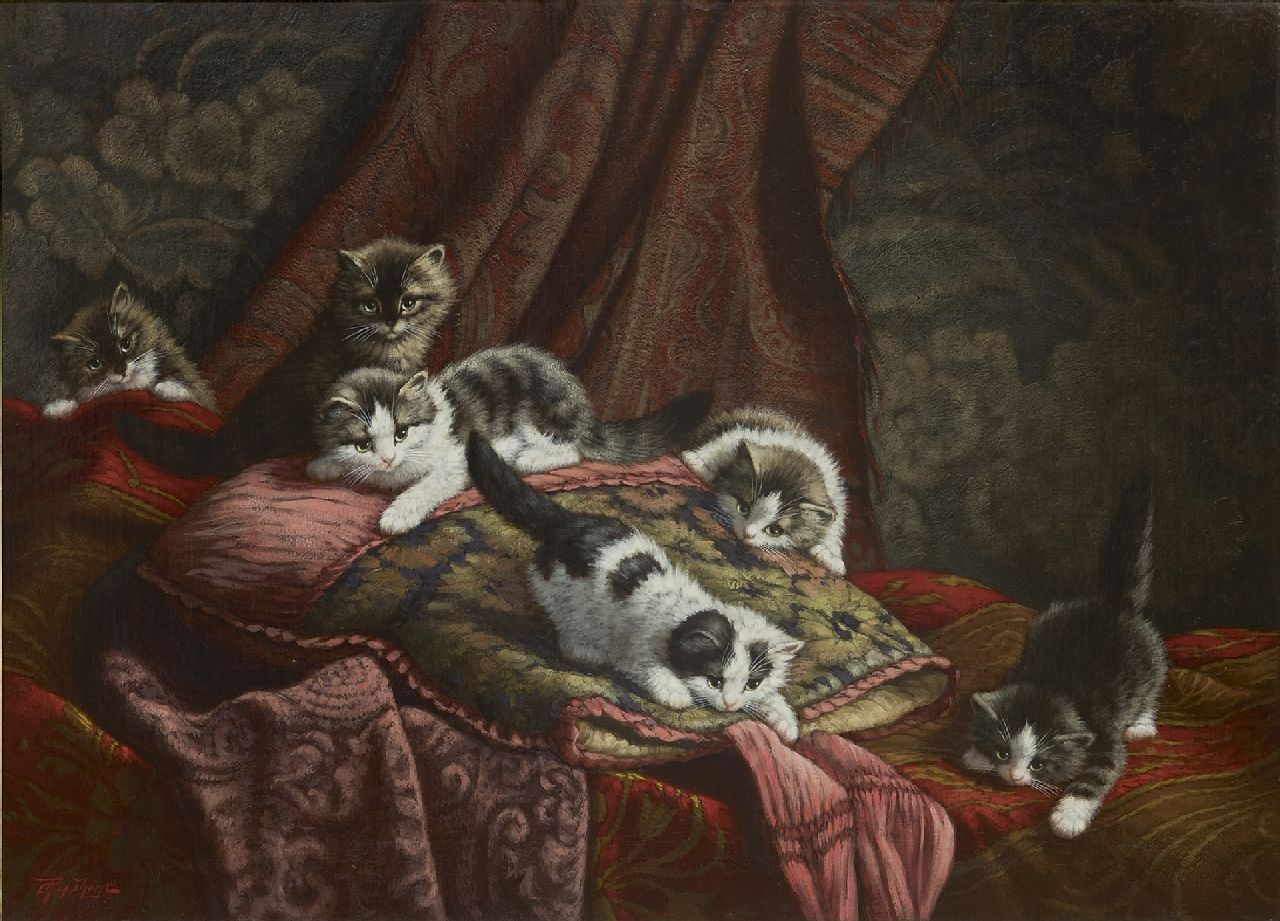 Raaphorst C.  | Cornelis Raaphorst, Six kittens playing in an interior, oil on canvas 60.1 x 80.3 cm, signed l.l.