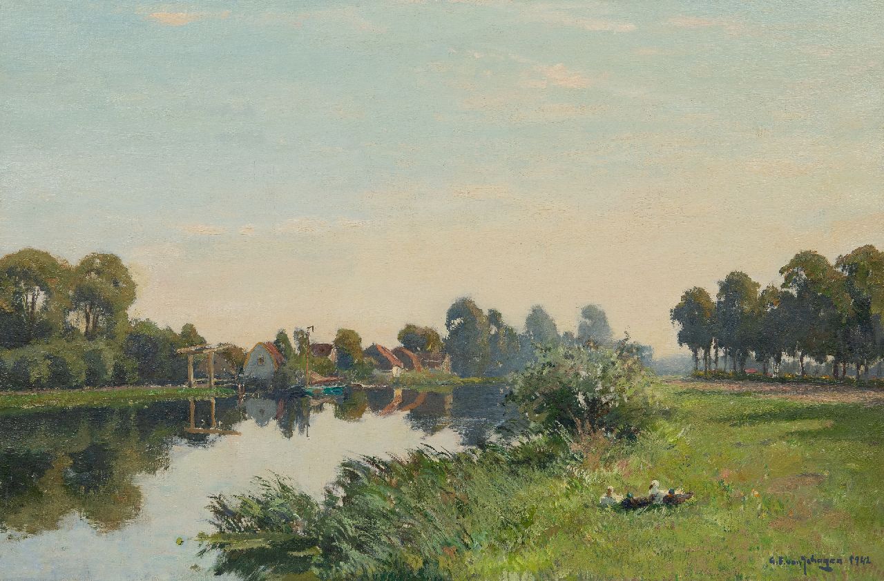 Schagen G.F. van | Gerbrand Frederik van Schagen | Paintings offered for sale | A summer landscape along a river, oil on canvas 59.7 x 90.2 cm, signed l.r. and dated 1942