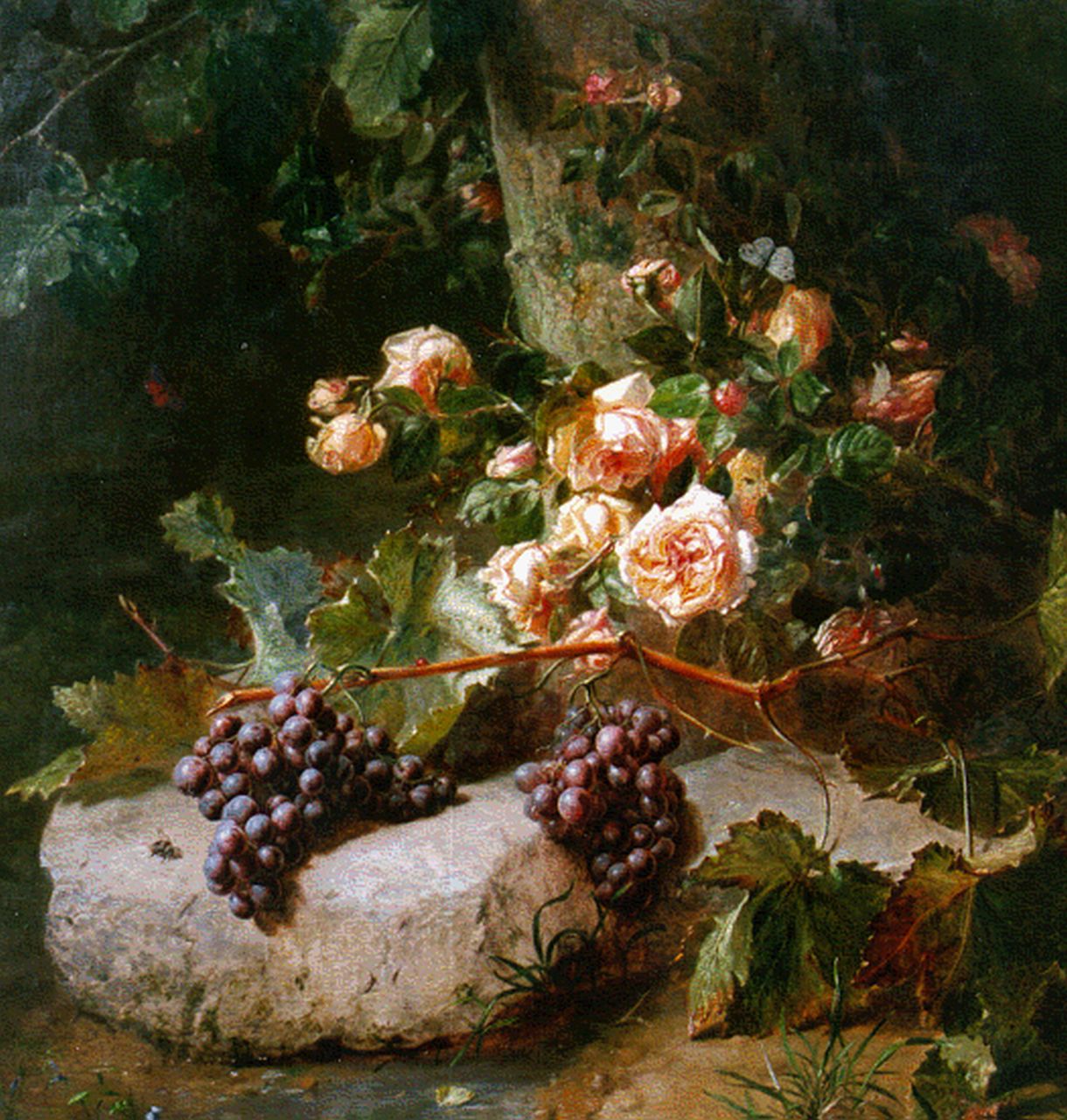 Haanen A.J.  | Adriana Johanna Haanen, A still life with roses and grapes, oil on canvas 102.0 x 88.3 cm, signed l.r.