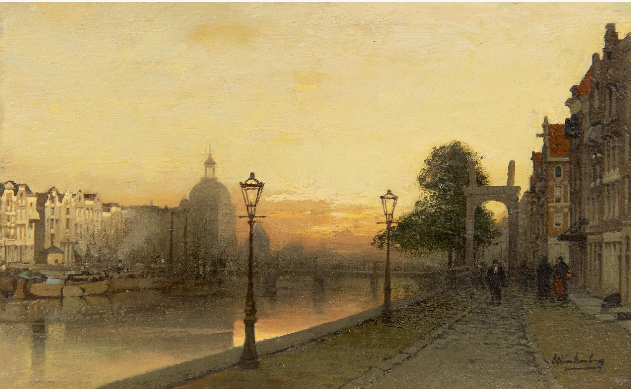 Klinkenberg J.C.K.  | Johannes Christiaan Karel Klinkenberg | Paintings offered for sale | The Singel in Amsterdam at sunset, oil on panel 15.2 x 24.6 cm, signed l.r.