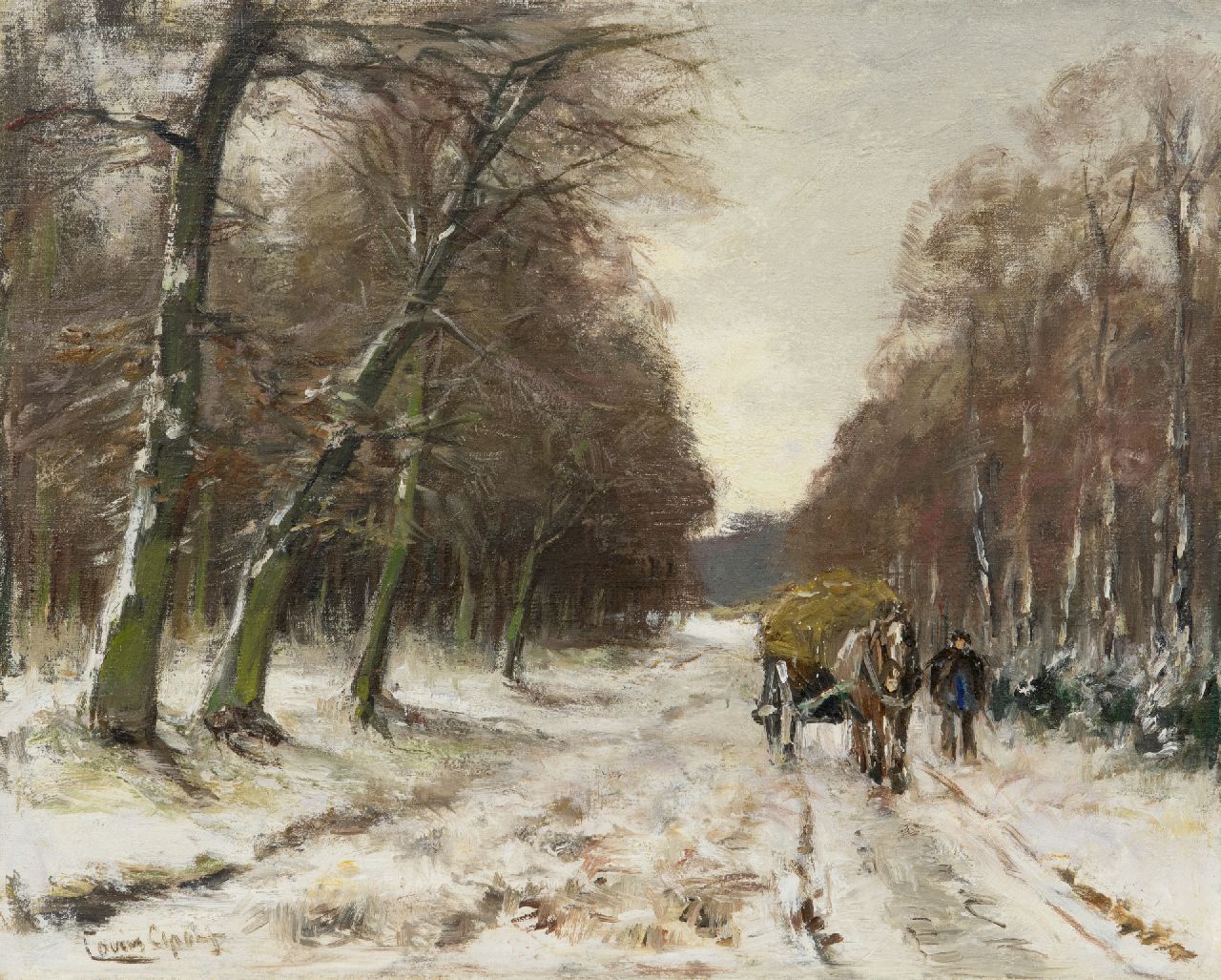 Apol L.F.H.  | Lodewijk Franciscus Hendrik 'Louis' Apol, Man with hay cart in a snowy forest, oil on canvas 32.6 x 40.5 cm, signed l.l.