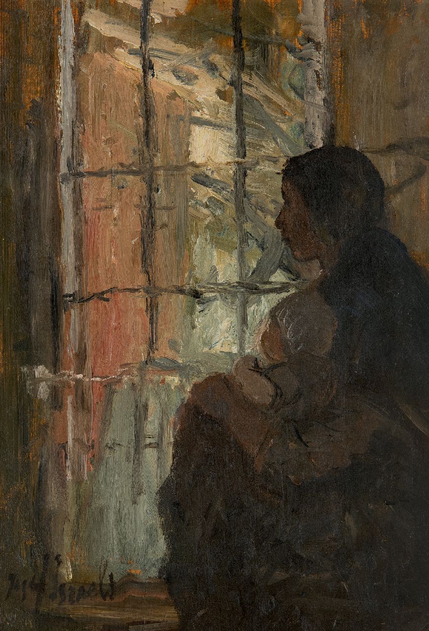 Israëls J.  | Jozef Israëls, Mother and child at the window, oil on panel 38.6 x 27.1 cm, signed l.l.