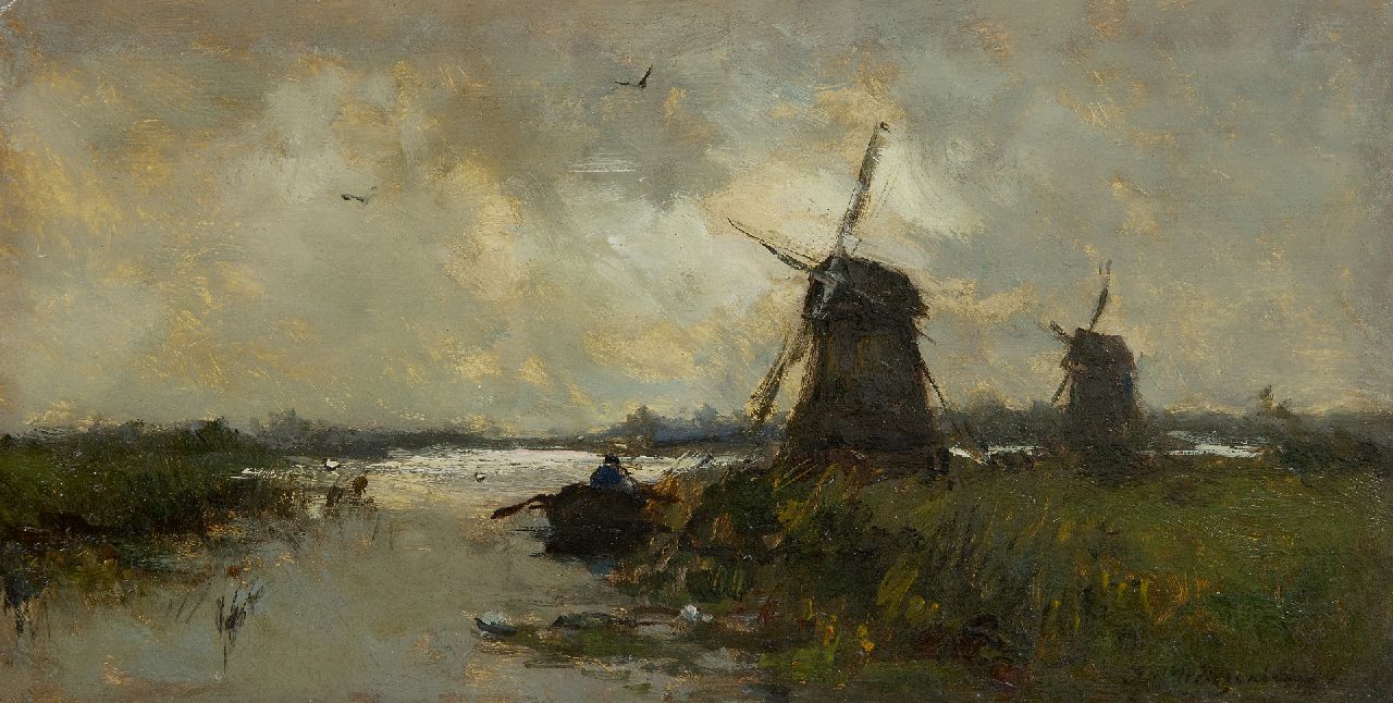 Weissenbruch H.J.  | Hendrik Johannes 'J.H.' Weissenbruch, Windmills in a polder landscape, oil on panel 16.9 x 33.0 cm, signed l.r. and painted in the 1890's