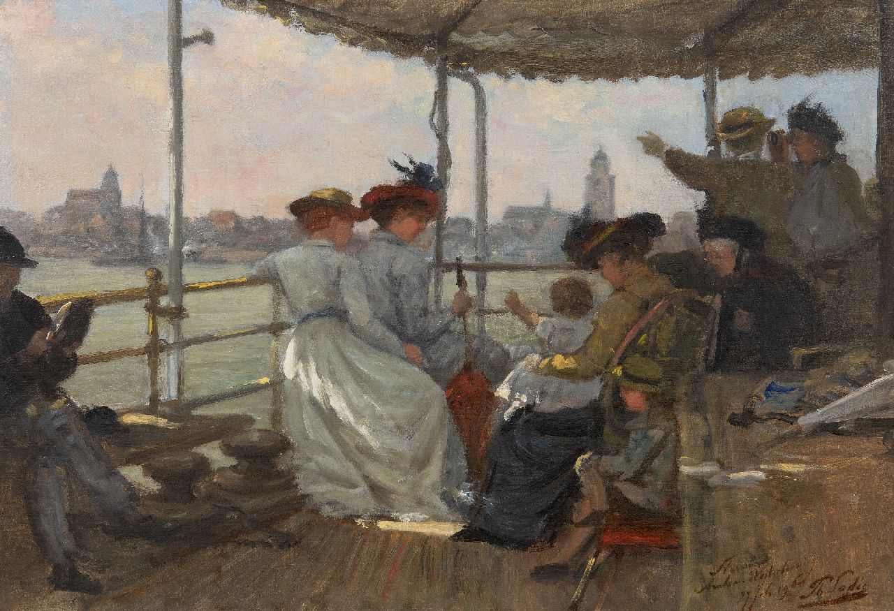 Sadée P.L.J.F.  | Philip Lodewijk Jacob Frederik Sadée, Daytrip on the steamship from Arnhem to the Westerbouwing, oil on canvas laid down on panel 34.6 x 50.0 cm, signed l.r. and dated 27 juli 1900