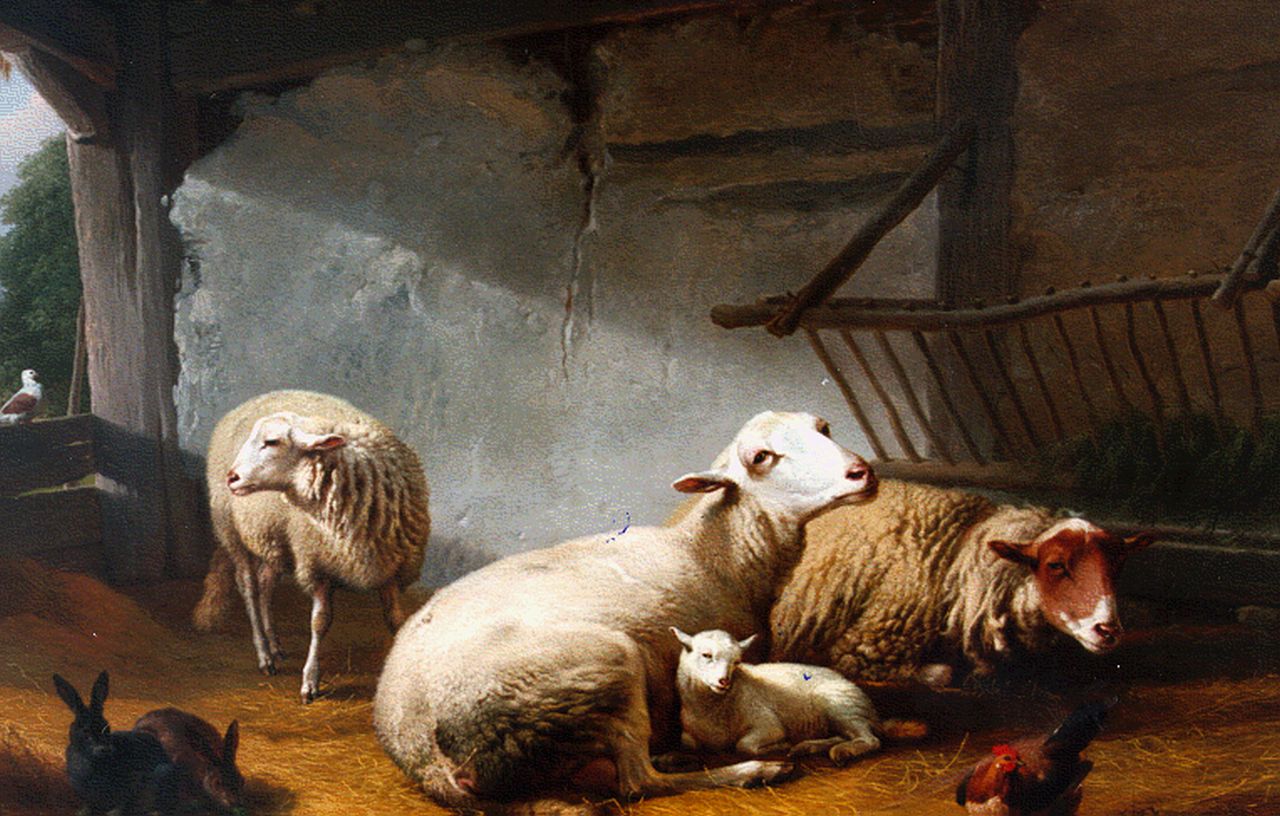 Verboeckhoven E.J.  | Eugène Joseph Verboeckhoven, Sheep in a stable, oil on panel 58.6 x 81.0 cm, signed u.r. and dated 1859