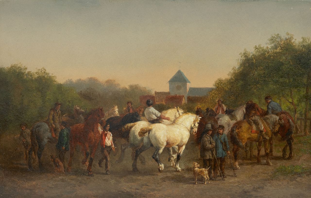 Schermer C.A.J.  | Cornelis Albertus Johannes Schermer, Horse market, oil on panel 25.7 x 39.9 cm, signed l.l.