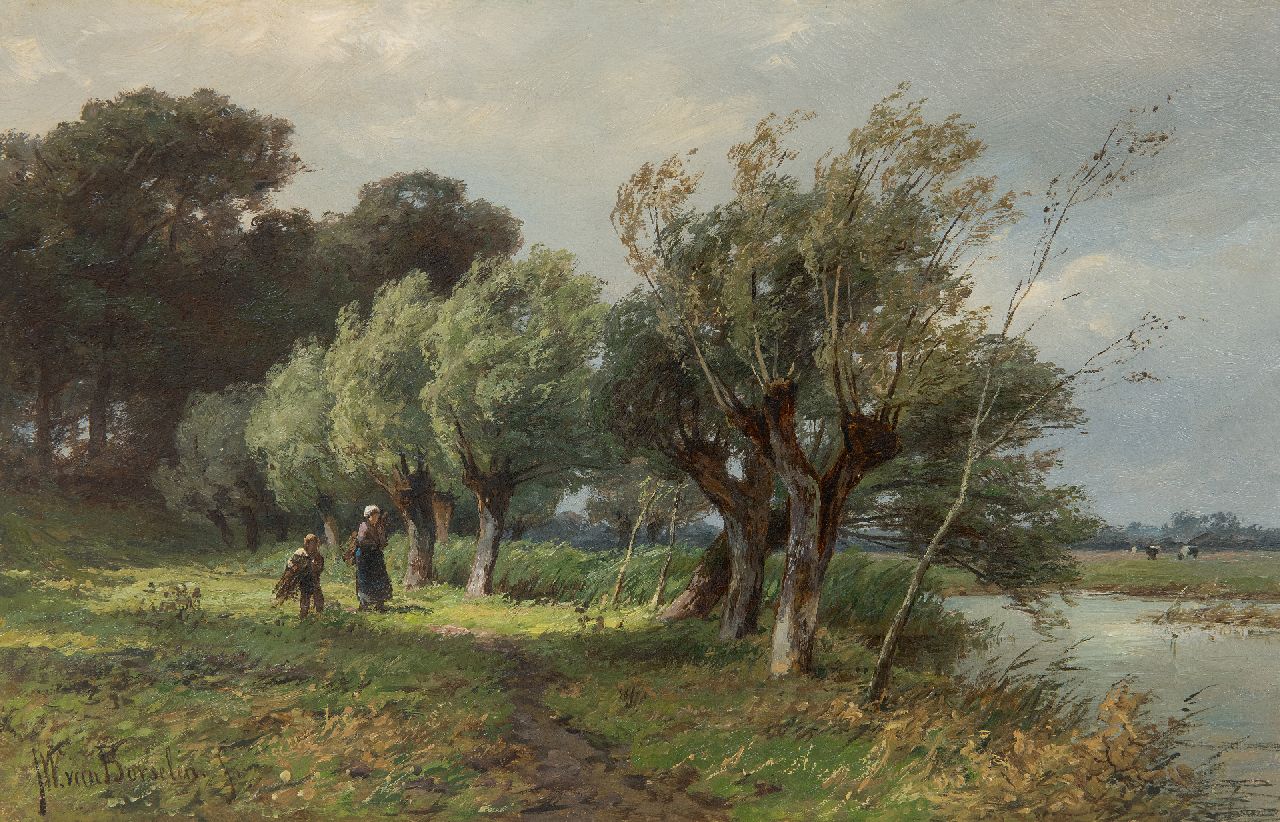 Borselen J.W. van | Jan Willem van Borselen, Gathering wood along the river, oil on panel 20.8 x 31.7 cm, signed l.l.