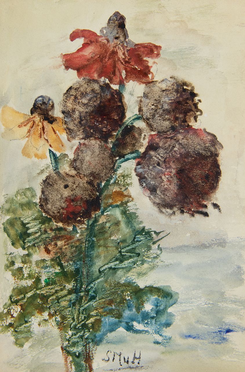 Mesdag-van Houten S.  | Sina 'Sientje' Mesdag-van Houten, Garden flowers with Cone-flowers, watercolour on paper 27.3 x 18.2 cm, signed l.c. with Initials