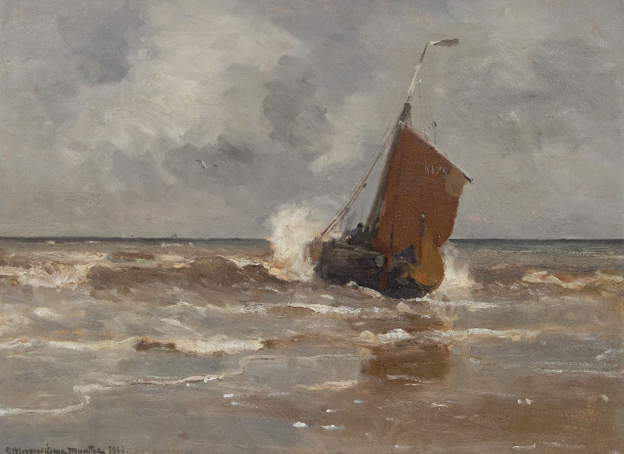 Munthe G.A.L.  | Gerhard Arij Ludwig 'Morgenstjerne' Munthe, A fishing barge approaching the beach, Katwijk, oil on canvas 58.0 x 78.1 cm, signed l.l. and dated 1910