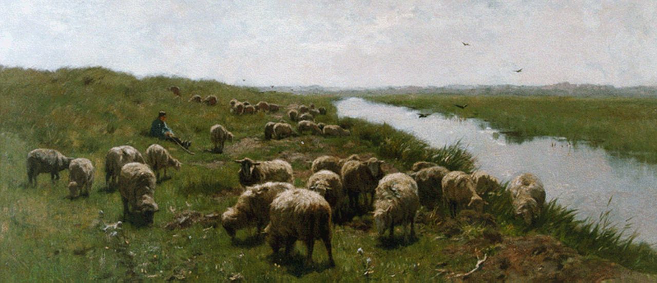 Mauve A.  | Anthonij 'Anton' Mauve, A shepherd and flock in the dunes, oil on canvas 58.4 x 111.7 cm, signed l.l.