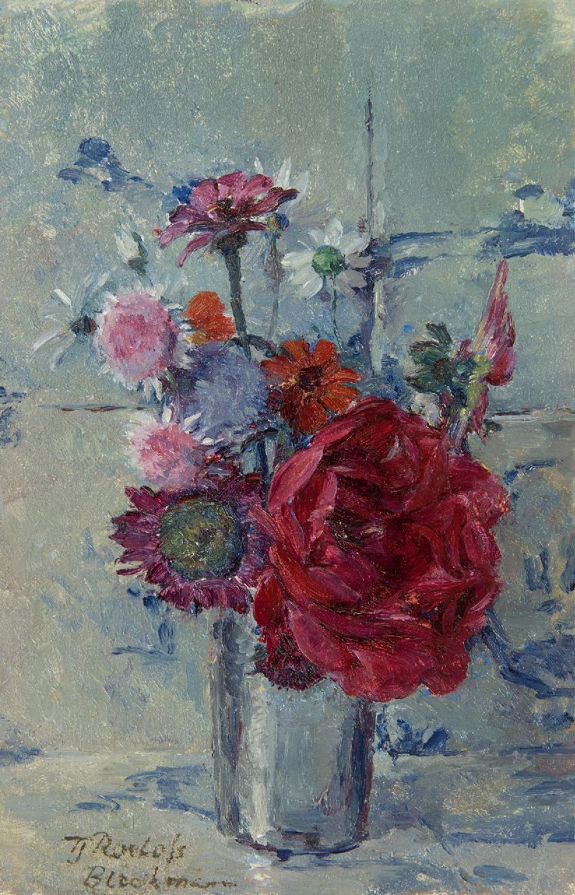 Roelofs-Bleckmann E.F.  | Elisabeth Francoise 'Tjieke' Roelofs-Bleckmann, Summer flowers in a vase, oil on panel 29.8 x 18.8 cm, signed l.l.