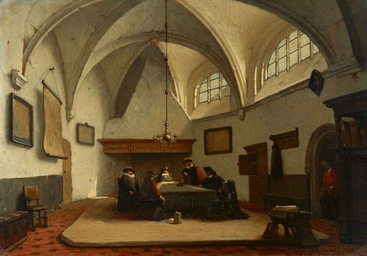 Schenkel J.J.  | Jan Jacob Schenkel, Aldermen gathered in the consistory room of the Grote Kerk, Breda, oil on panel 39.4 x 55.8 cm, signed l.r.