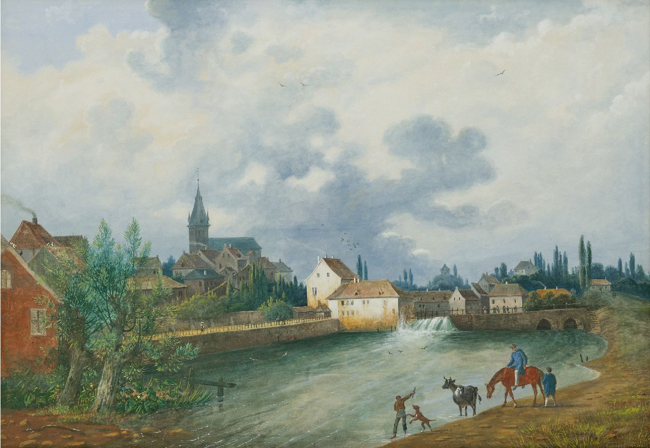 Knip H.J.  | Hendrikus Johannes 'Henri' Knip | Watercolours and drawings offered for sale | View of a town with a fast flowing river (possibly Switzerland), gouache on paper 49.5 x 72.7 cm, signed l.r.