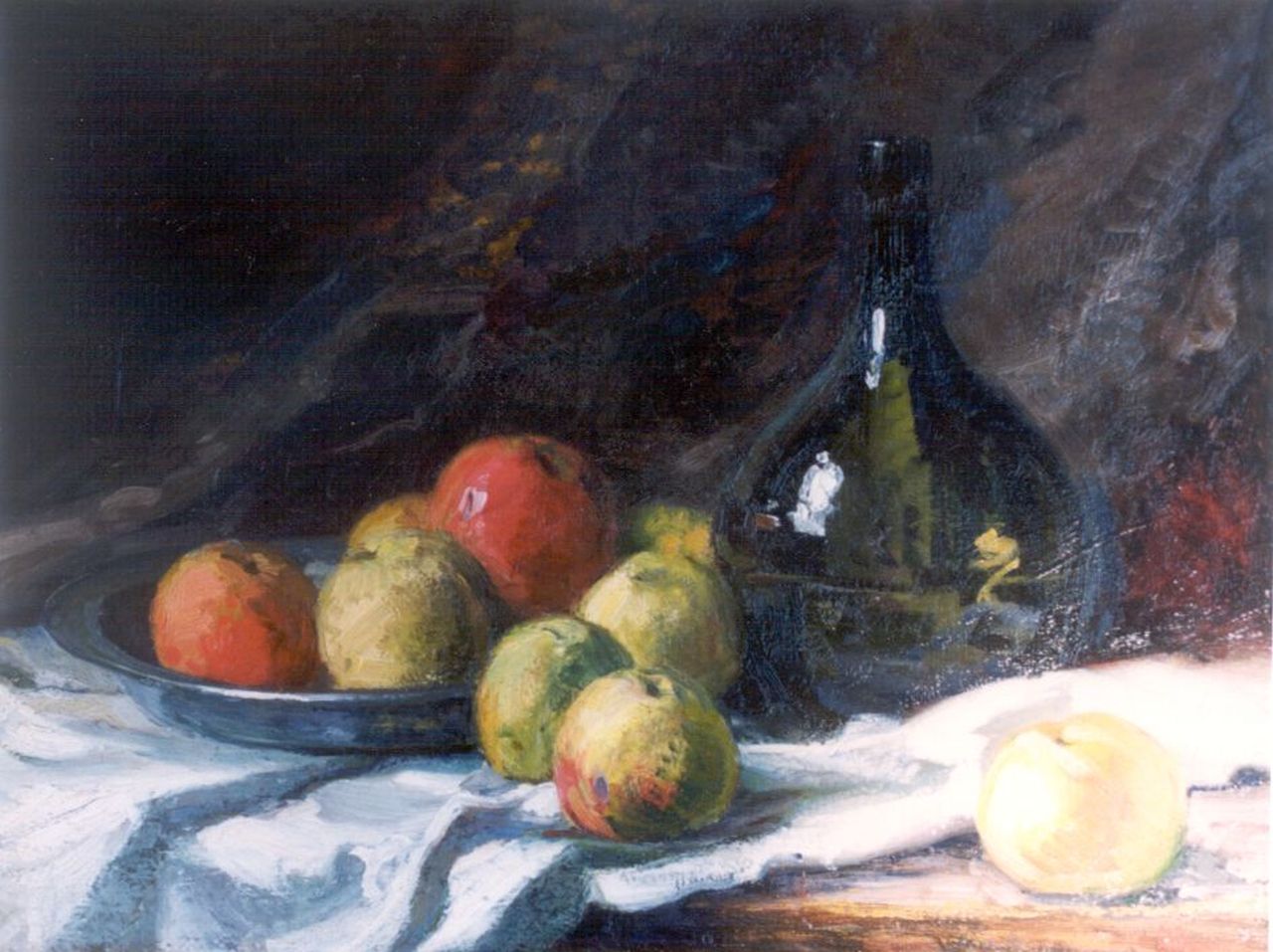 Hemelman A.  | Albert Hemelman, A still life with apples and a bottle, oil on canvas 47.0 x 62.0 cm, signed l.r.