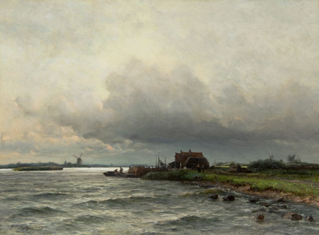 Schipperus P.A.  | Pieter Adrianus 'Piet' Schipperus | Paintings offered for sale | River under a Dutch cloudy sky, oil on canvas 60.5 x 80.5 cm, signed l.l. and on a label on the stretcher