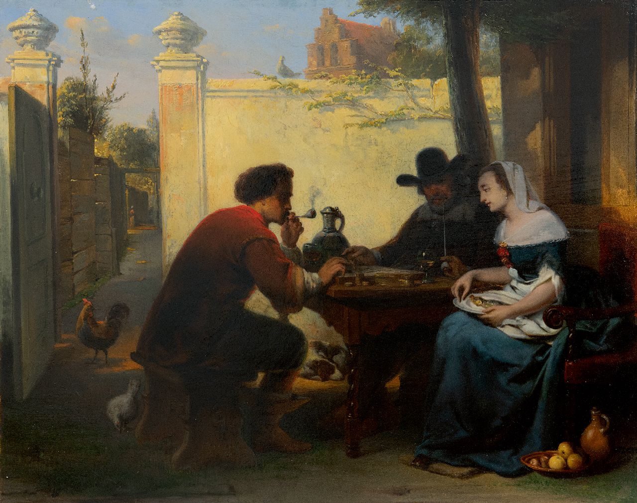 Laar J.H. van de | Jan Hendrik van de Laar | Paintings offered for sale | Playing checkers in the courtyard, oil on panel 40.8 x 51.1 cm, signed l.l. on the bench and dated 1864