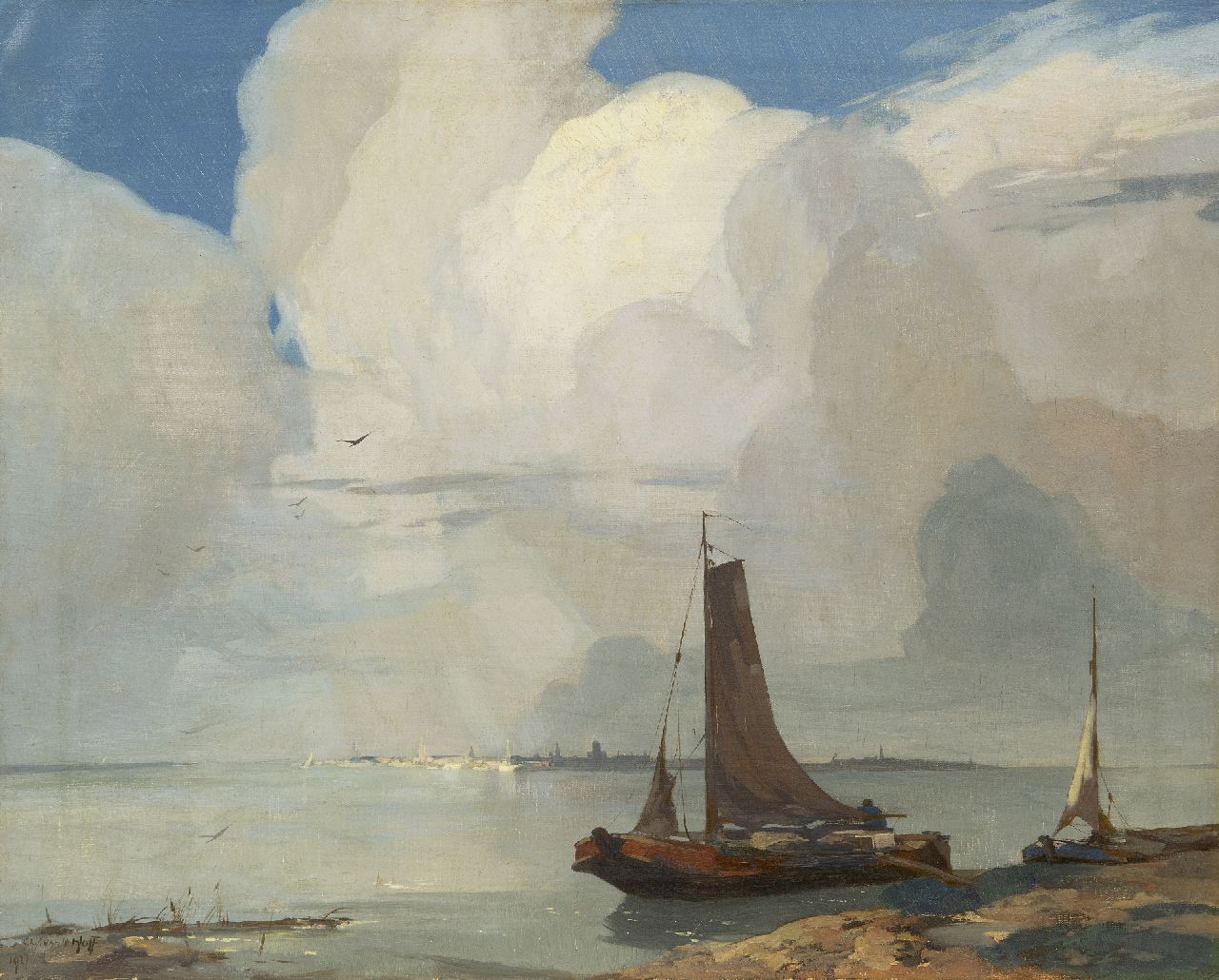 Hoff A.J. van 't | Adrianus Johannes 'Adriaan' van 't Hoff | Paintings offered for sale | Fishing boats on the waterfront, a city in the distance, oil on canvas 60.2 x 75.5 cm, signed l.l. and dated 1927