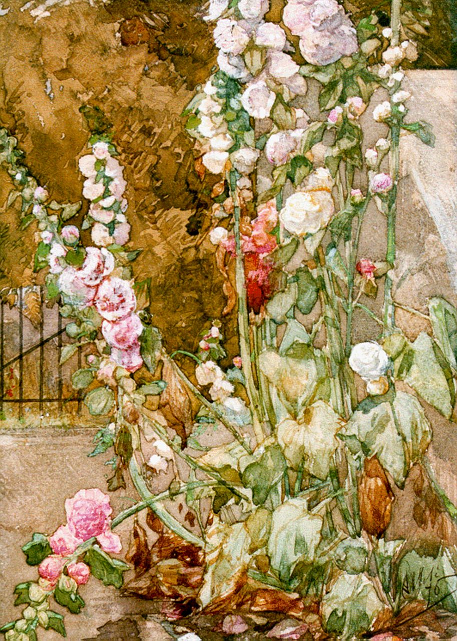 Allebé A.  | Augustus Allebé, hollyhocks, watercolour on paper 35.0 x 25.0 cm, signed l.r. and dated 1876