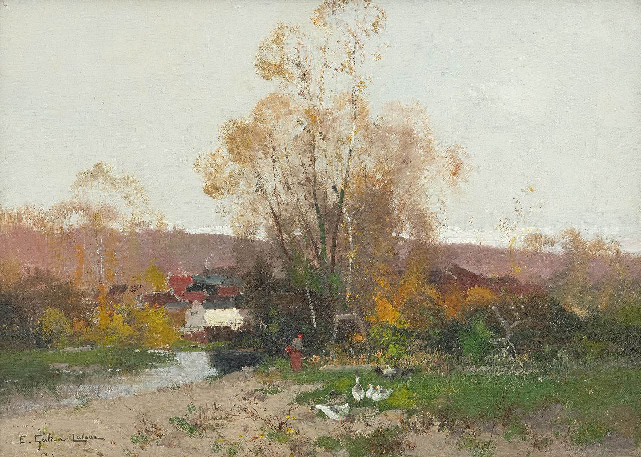 Galien-Laloue E.  | Eugène Galien-Laloue | Paintings offered for sale | Autumn landscape with goose girl, oil on canvas 33.3 x 46.0 cm, signed l.l.