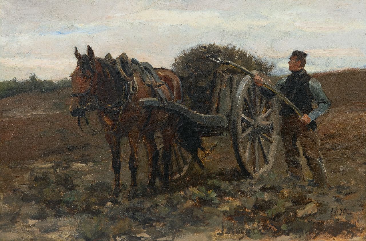 Jan Hoynck van Papendrecht | A farmer with horse and cart in the fields, oil on canvas, 32.6 x 48.9 cm, signed l.r. and on a label on the stretcher and dated 1890