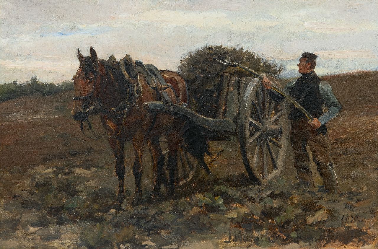 Hoynck van Papendrecht J.  | Jan Hoynck van Papendrecht | Paintings offered for sale | A farmer with horse and cart in the fields, oil on canvas 32.6 x 48.9 cm, signed l.r. and on a label on the stretcher and dated 1890