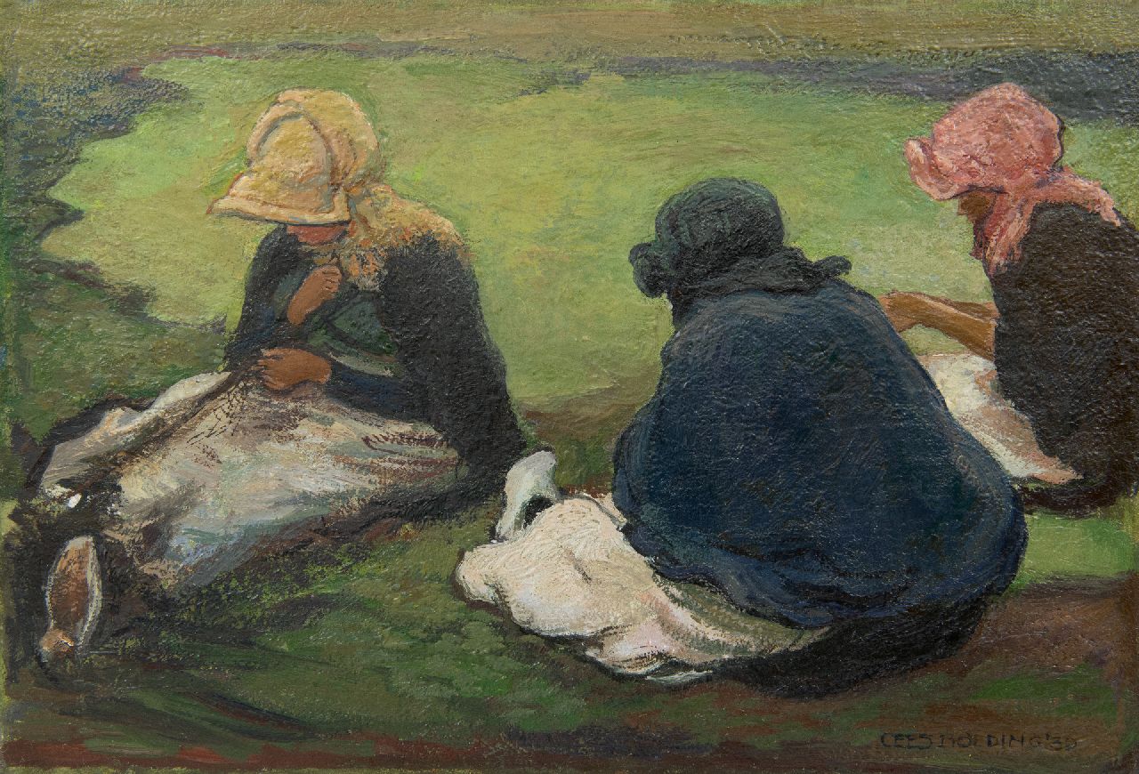 Bolding C.  | Cornelis 'Cees' Bolding, Mending the nets, Scheveningen, oil on canvas 23.7 x 34.3 cm, signed l.r. and dated 1930